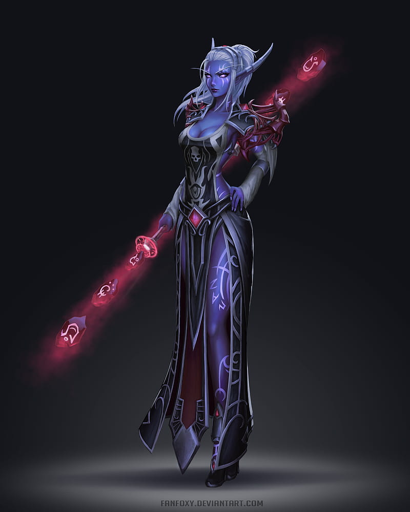 Fanfoxy, drawing, women, elves, Warcraft, pointy ears, silver hair, long hair, ponytail, robes, cloth, weapon, staff, magician, black clothing, glowing eyes, purple eyes, tattoo, The Nightborne, HD phone wallpaper