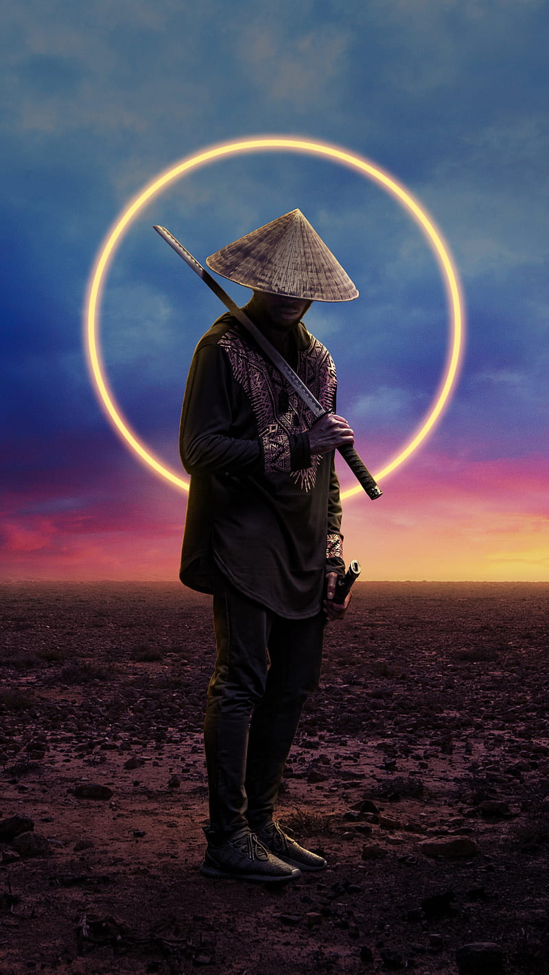 Rogue Samurai, cyberpunk, glowlight, neon ring, sci fi, sunset, sword man, warrior, HD phone wallpaper