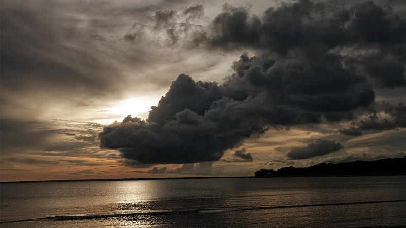 storm clouds hovering above a sea, shore, trees, clouds, storm, sea, HD wallpaper