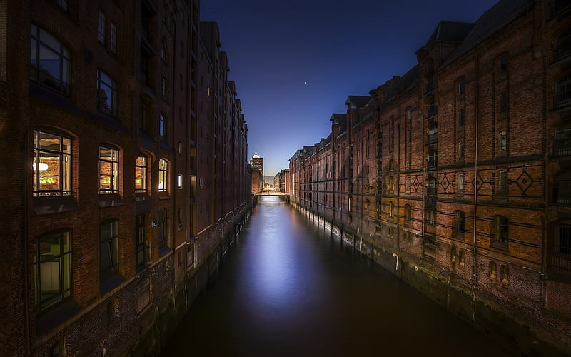 Hamburg, Germany, evening, sunset, channels, old houses, German city, HD wallpaper