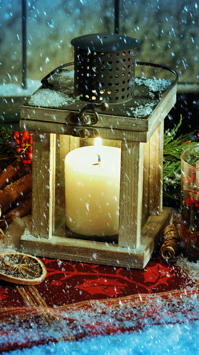 Lantern , snowfall, candle, winter, HD phone wallpaper