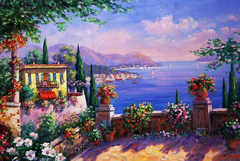 Mediterranean View, veranda, houses, trees, artwork, sea, painting, flowers, shadows, sunshine, HD wallpaper