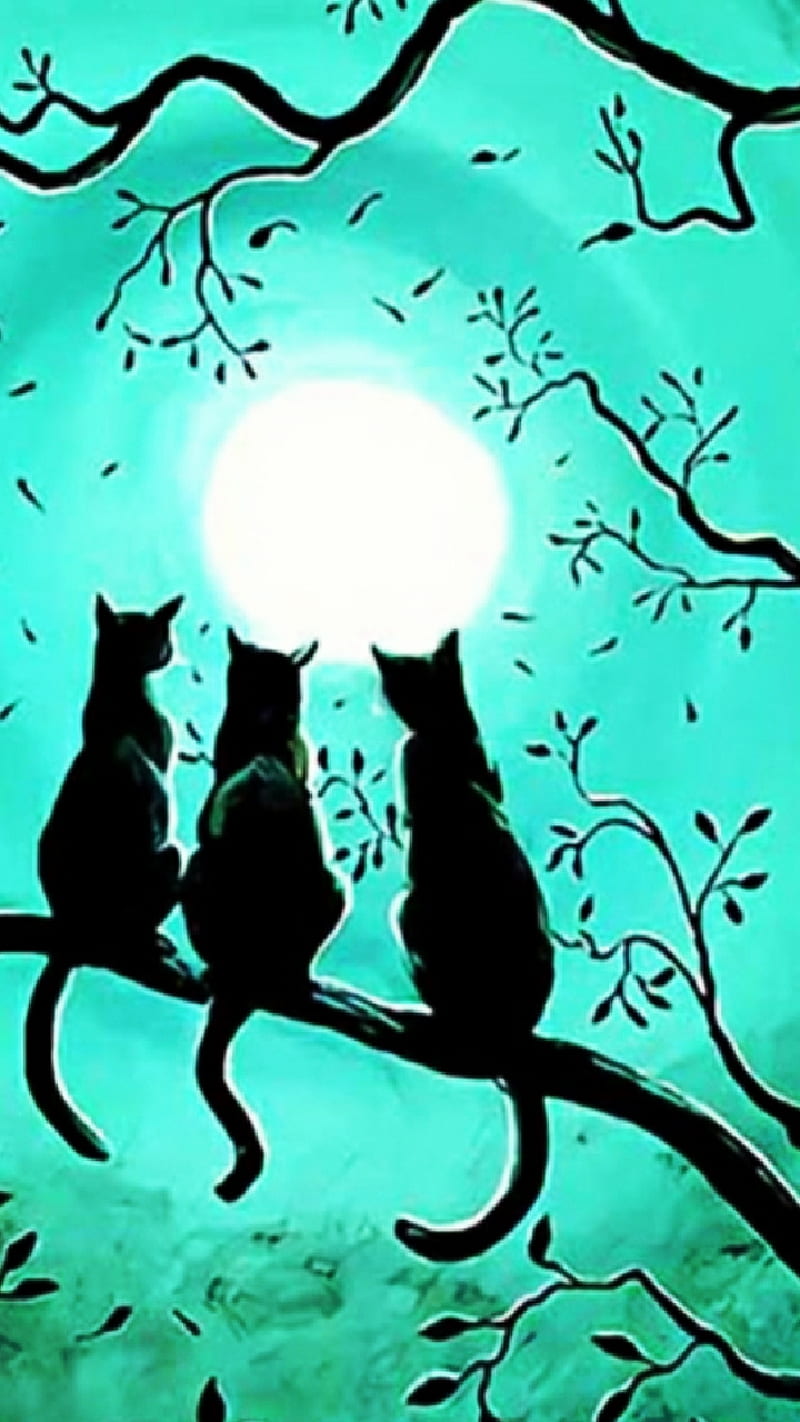 Moon Gazing, cats, feline, gaze, light, neon, tree, turquouse, HD phone wallpaper