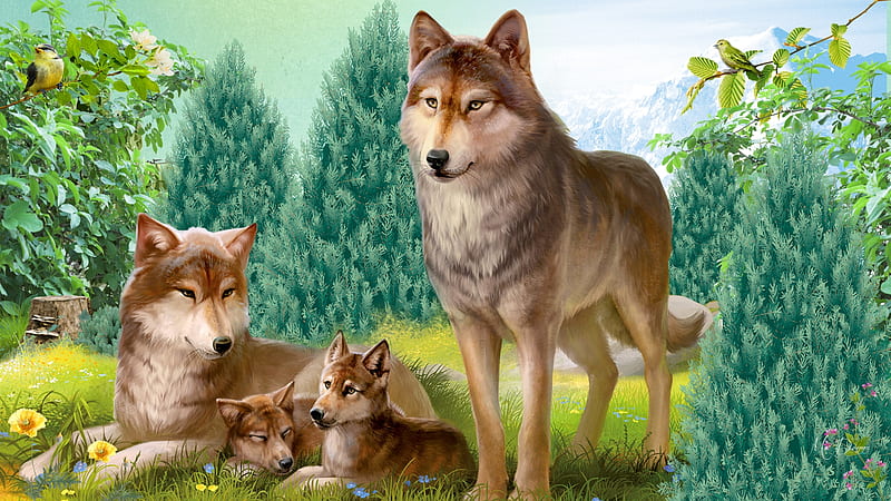 Wolf Family Paradise, family, forest, lobo, woods, trees, loup, bird, mountains, wolf, wolves, field, Firefox Persona theme, pups, HD wallpaper