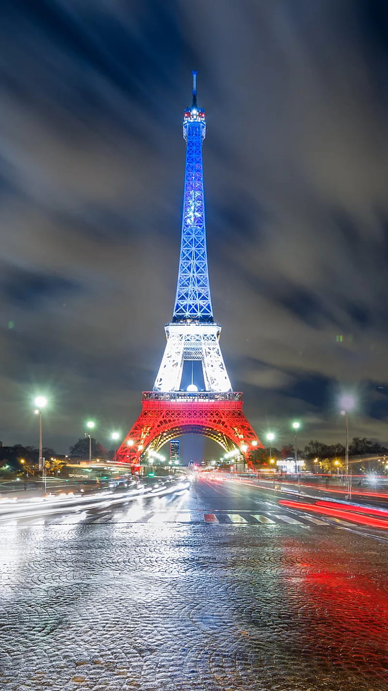 Paris, blue, city, eiffel, flag, france, night, red, tower, white, HD phone wallpaper