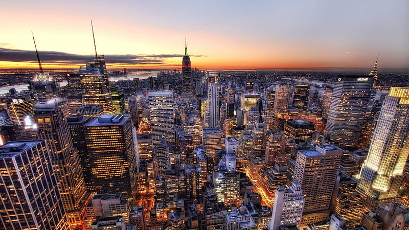 spectacular view of new york city r, city, view, dusk, river, r, lights, skyscrapers, HD wallpaper
