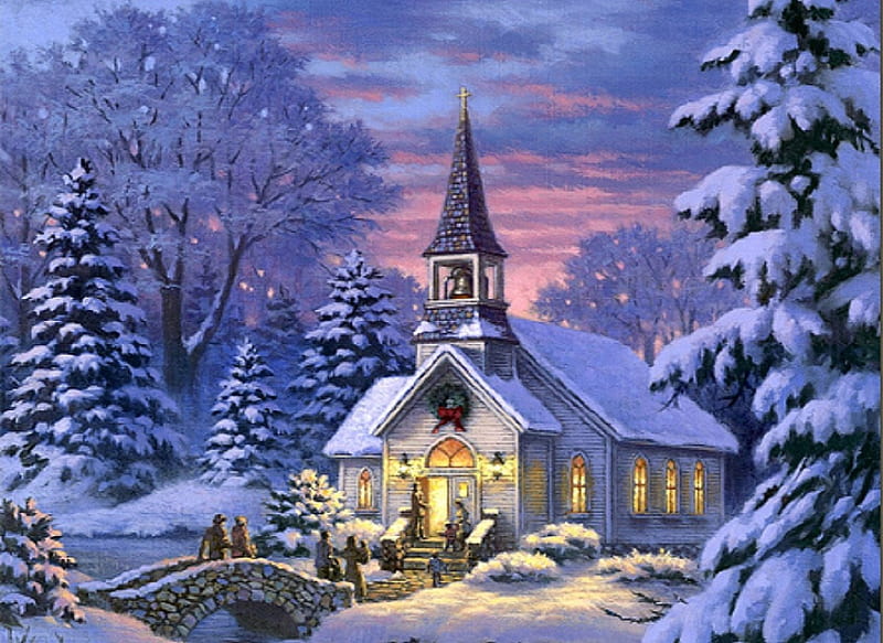 ★Country Church★, Christmas, holidays, lovely, white trees, bridges, colors, love four seasons, bonito, creative pre-made, xmas and new year, winter, paintings, snow, churches, winter holidays, people, HD wallpaper