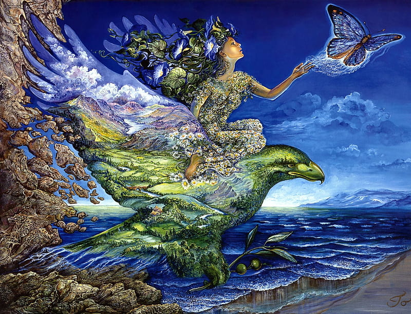 Josephine Wall art, woman, sea, beach, josephine wall, butterfly, painting, aqua, olive branch, blue, art, wings, ocean, eagle, water, girl, bird, coast, HD wallpaper