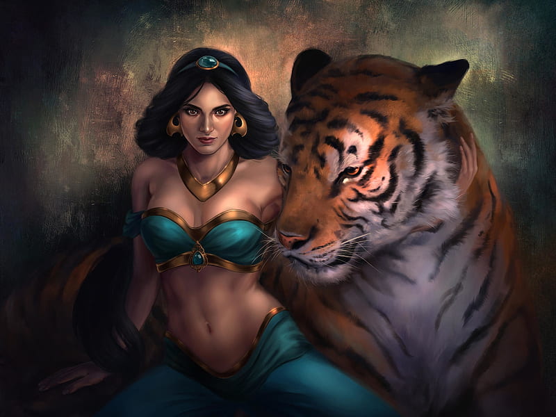 Jasmine, fantasy, aladdin, tarivanima, girl, tigru, tiger, princess, art, HD wallpaper