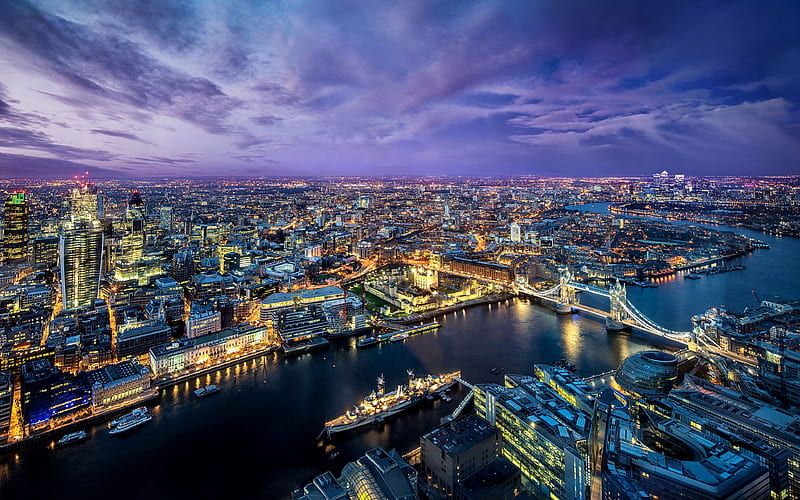 London aerial view, nightscapes, United Kingdom, England, London at night, HD wallpaper