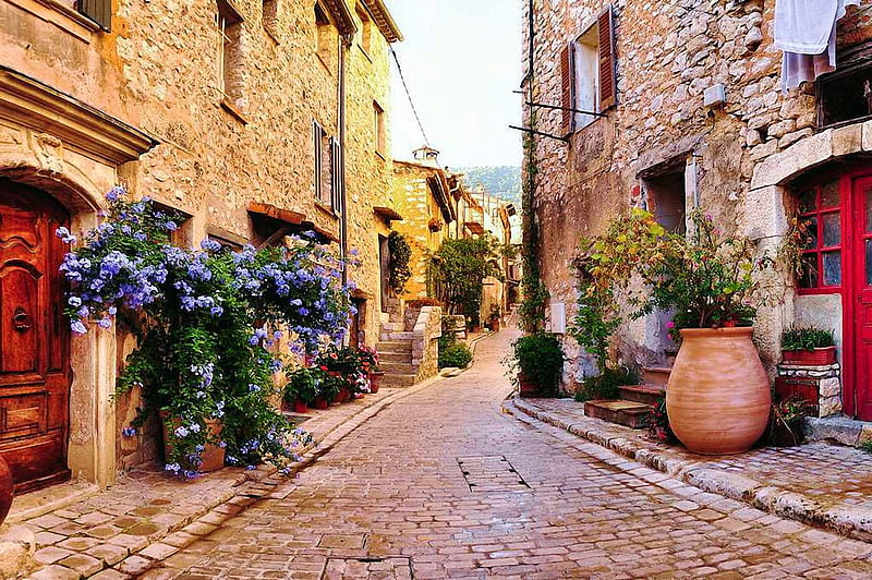 French Village, flowers, artwork, houses, street, painting, HD wallpaper