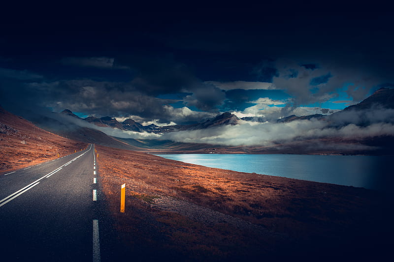 mountains, road, asphalt, marking, lake, dark, clouds, HD wallpaper