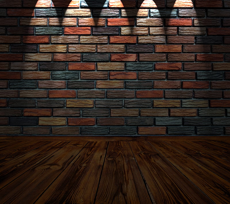 Brick Wall 5 Spots, floor, hardwood, room, spotlights, wood, HD wallpaper