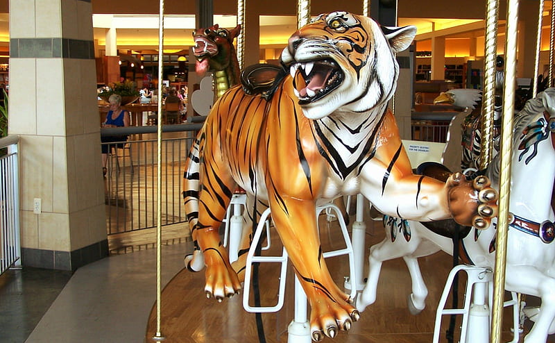 Carousel Orange Tiger, architecture, lakeside shopping mall, stairs, michigan, orange and white tigers, merry go rounds, american bald eagle, hare, zebra, carouse1, sterling heights, rabbit, golden, cat, horse, double decker, amusement park, bird, carousel, pony, kitten, HD wallpaper
