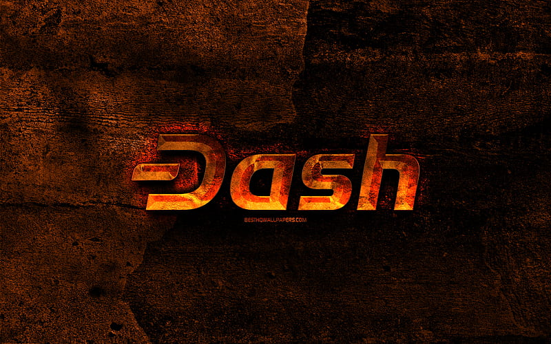 Dash fiery logo, orange stone background, creative, Dash logo, cryptocurrency, Dash, HD wallpaper