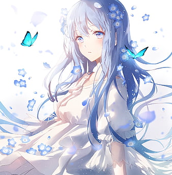Anime cute, butterfly, girl, blue hair, insect, long hair, blue eyes ...
