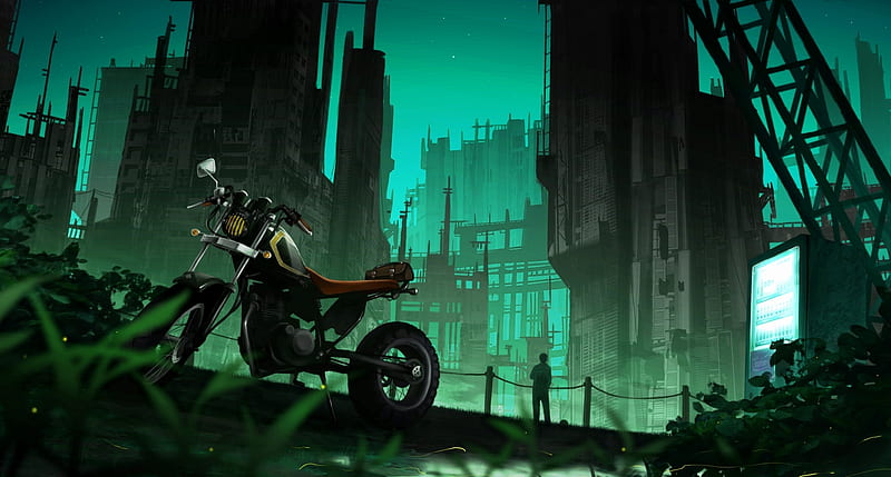 anime boy, sci-fi world, motorcycle, darkness, towers, Anime, HD wallpaper