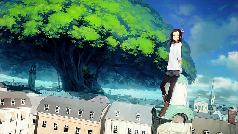 in the city, sky, clouds, old city, fantasy, city, girl, anime, big tree, anime girl, old tree, historical, HD wallpaper