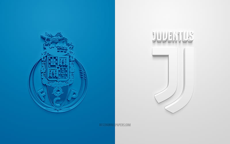 FC Porto vs Juventus FC, UEFA Champions League, Eighth-finals, 3D logos, white blue background, Champions League, football match, FC Porto, Juventus FC, HD wallpaper
