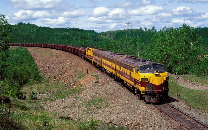 Cargo Train, track, locomotive, railway, waggons, landscape, HD wallpaper