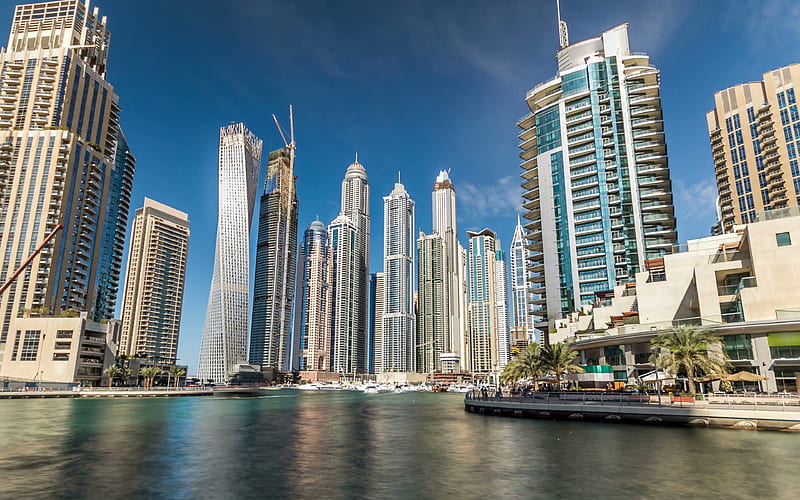 Dubai modern skyscrapers, UAE, fountains, United Arab Emirates, modern tall towers, HD wallpaper
