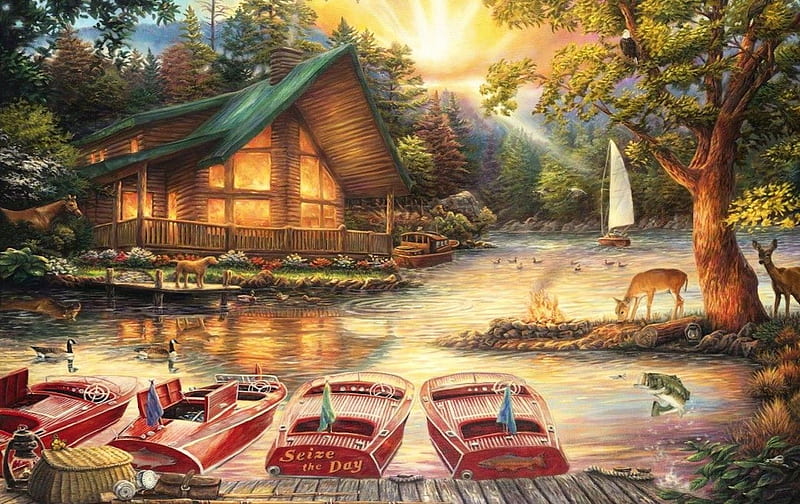 Seize the Day, water, boats, Sunrise, River, cabin, HD wallpaper