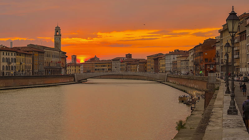 Pisa River Between Building In Italy During Sunset Travel, HD wallpaper