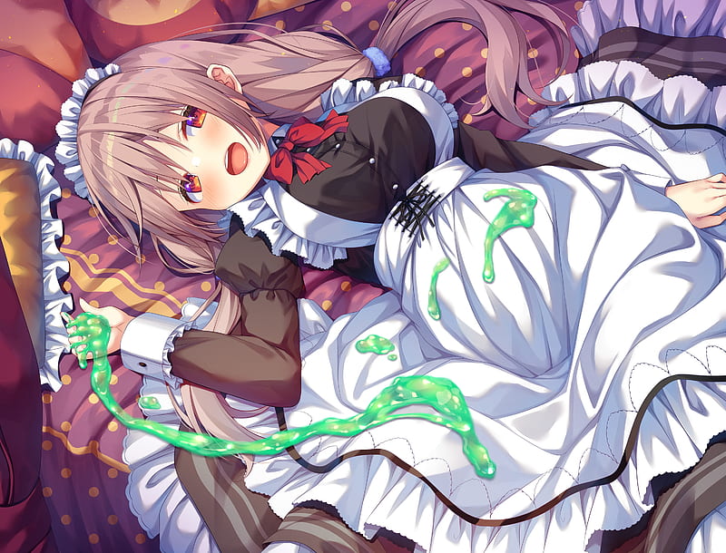 anime maid girl, smiling, lying down, apron, Anime, HD wallpaper