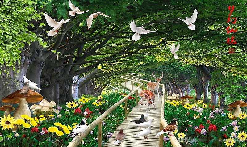Pigeons and Flowers, art, digital, path, birds, mushrooms, park, trees, deer, HD wallpaper