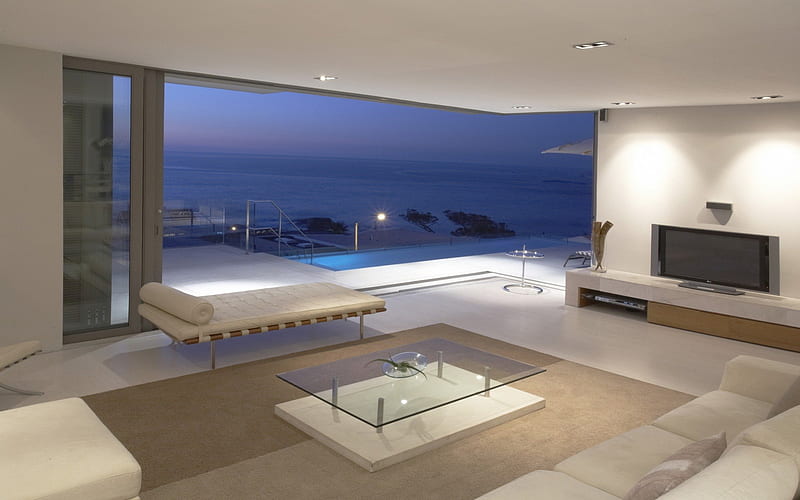 modern living room with exceptional view, doore, view, couch, living room, pool, HD wallpaper
