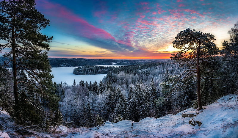 sunset, evening, forest, river, winter landscape, snow, winter, finland, HD wallpaper