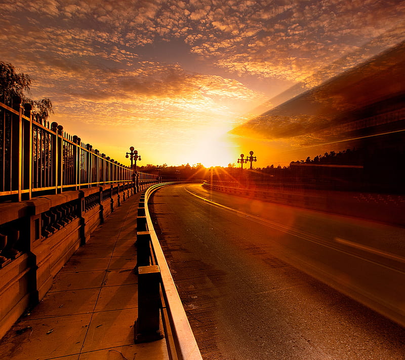 Sunset Speed, blur, path, road, set, sun, train, HD wallpaper