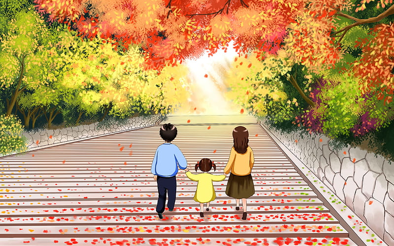 Autumn Happy Family Park Walking Illustration, HD wallpaper
