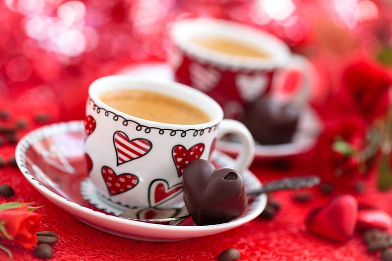 Have a sweet day!, red, chocolate, valentine, sweet, card, coffee, heart, cup, white, HD wallpaper