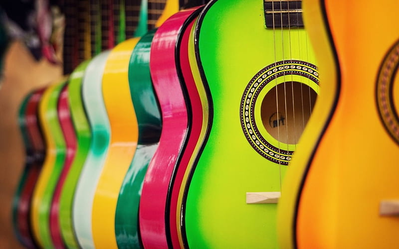 Colorful guitars, colorful, instrument, guitar, green, music, texture, yellow, pink, HD wallpaper