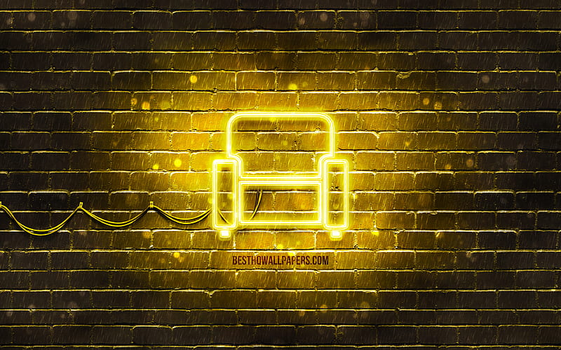 Sofa neon icon yellow background, neon symbols, Sofa, neon icons, Sofa sign, furniture signs, Sofa icon, furniture icons, HD wallpaper