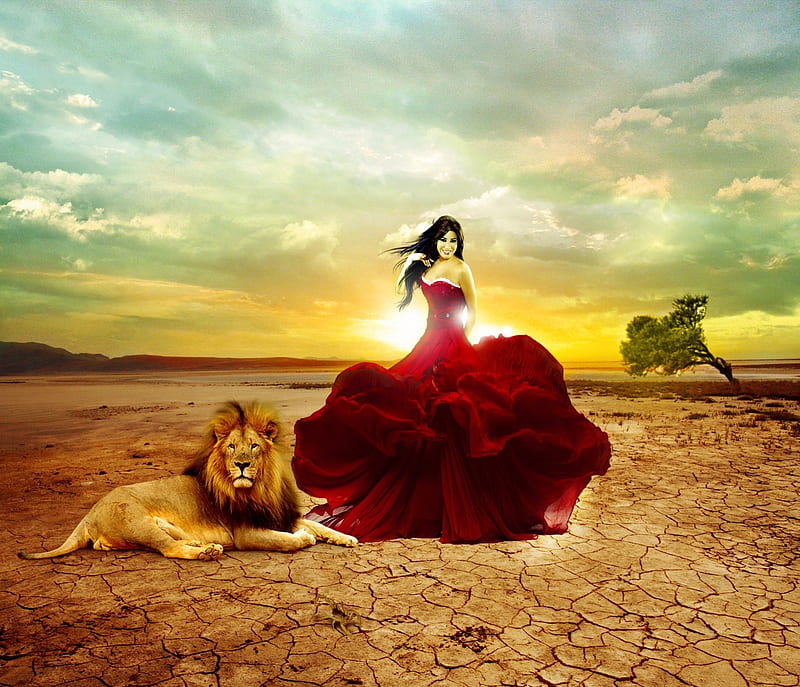 .Red Dress with Lion., pretty, dress, red dress, bonito, digital art, clouds, women, hair, manipulation, people, sunsets, face, girls, Najwa Karam, light, gorgeous, animals, female, models, lovely, sky, lips, lion, tree, shines, lady, eyes, HD wallpaper