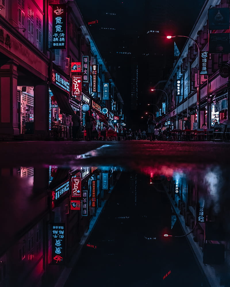 Asia, night, city, neon, reflection, lights, HD phone wallpaper