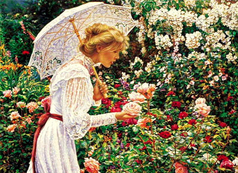 Victorian Garden, lace umbrella, blond, painting, flowers, garden, lace dress, lady, woman, HD wallpaper