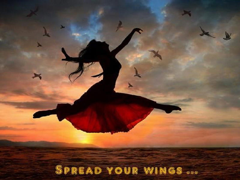 Spread your Wings, ocean, ballet, birds, clouds, sky, women, HD wallpaper