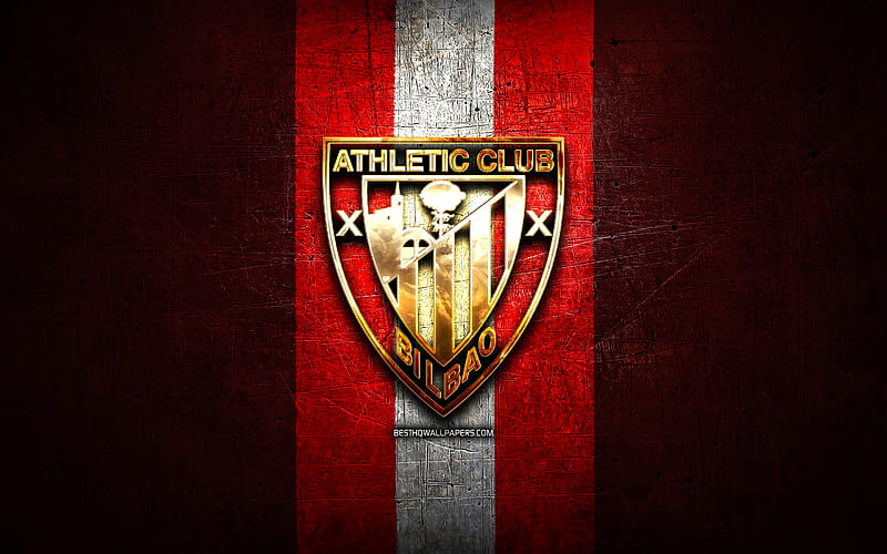 Athletic Bilbao, golden logo, La Liga, red metal background, football, Athletic Bilbao FC, spanish football club, Athletic Bilbao logo, soccer, LaLiga, Spain, HD wallpaper