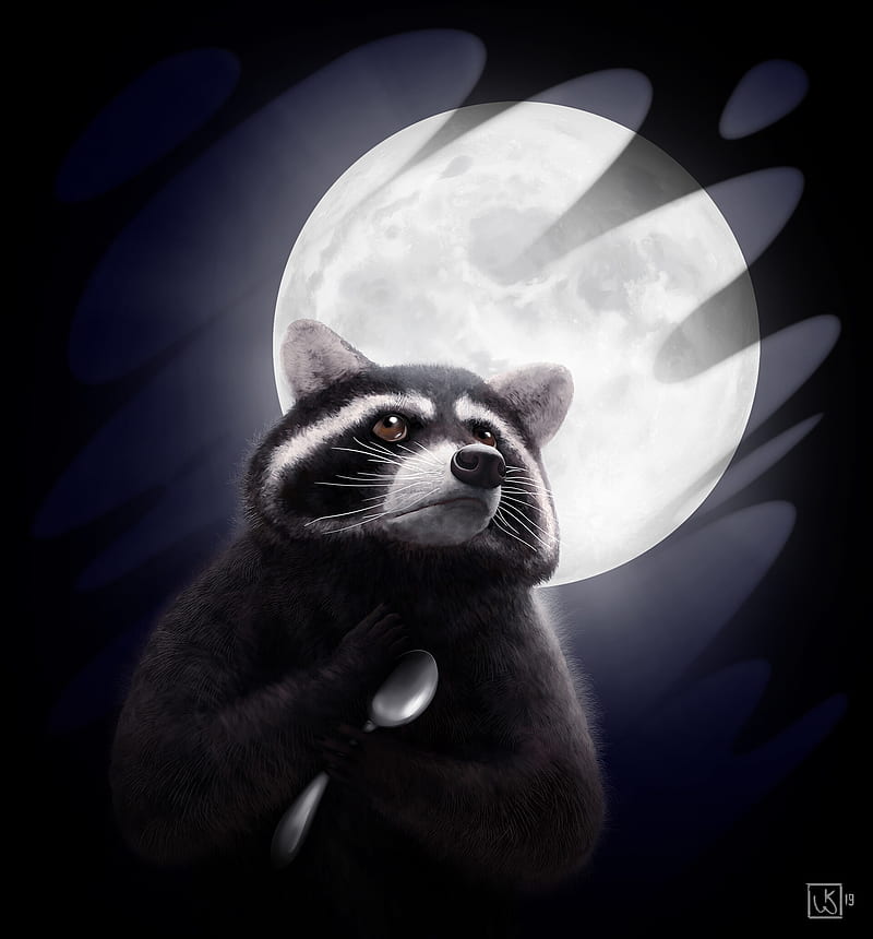 raccoon, moon, spoon, art, funny, HD phone wallpaper