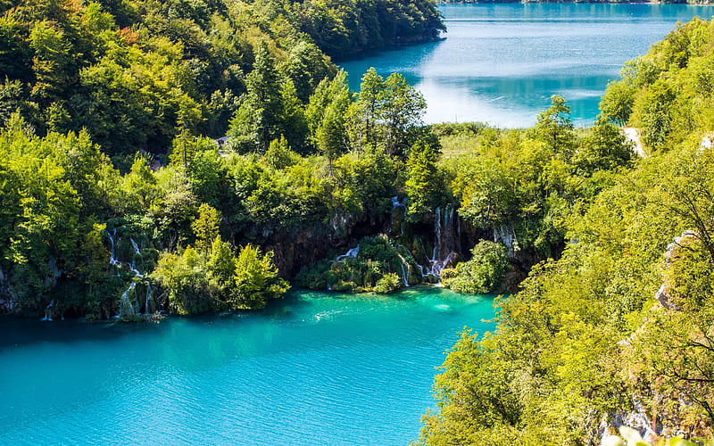 Plitvice Lakes National Park, summer, waterfalls, forest, lakes, Croatia, HD wallpaper