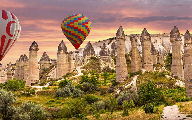 Love Valley, Cappadocia, rocks, balloons, evening, sunset, Merkez, Turkey, HD  wallpaper | Peakpx