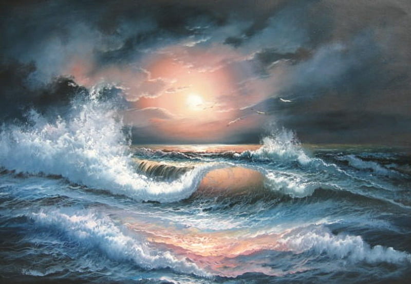 MOON WAVE, moon, ocean, waves, clouds, sky, night, HD wallpaper