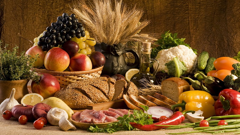 Food Fest, grape, food, fruits, apples, bread, meat, vegetables, HD wallpaper