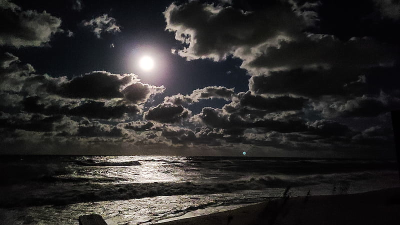 Full moon, cloud, sky, fullmoon, halloween, midnight, ocean, nature, beach, night, dark, scenic, HD wallpaper