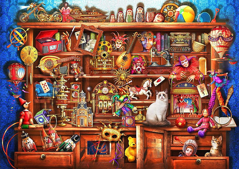 Ye Old Shoppe, nutcracker, balloon, radio, instruments, clock, cats, artwork, toys, digital, HD wallpaper