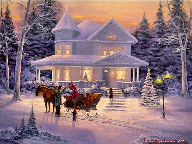 Home for Christmas, sleigh, house, christmas, horse, lights, winter, tree, snow, people, HD wallpaper