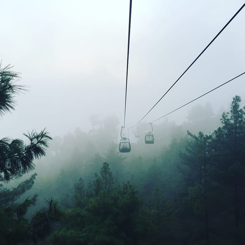 nature, chairlift, fog, forest, mountains, HD phone wallpaper